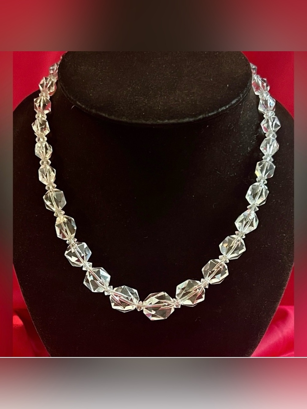 Vintage Graduated Faceted Crystal Glass Choker Necklace - 16.5" Sterling Clasp
